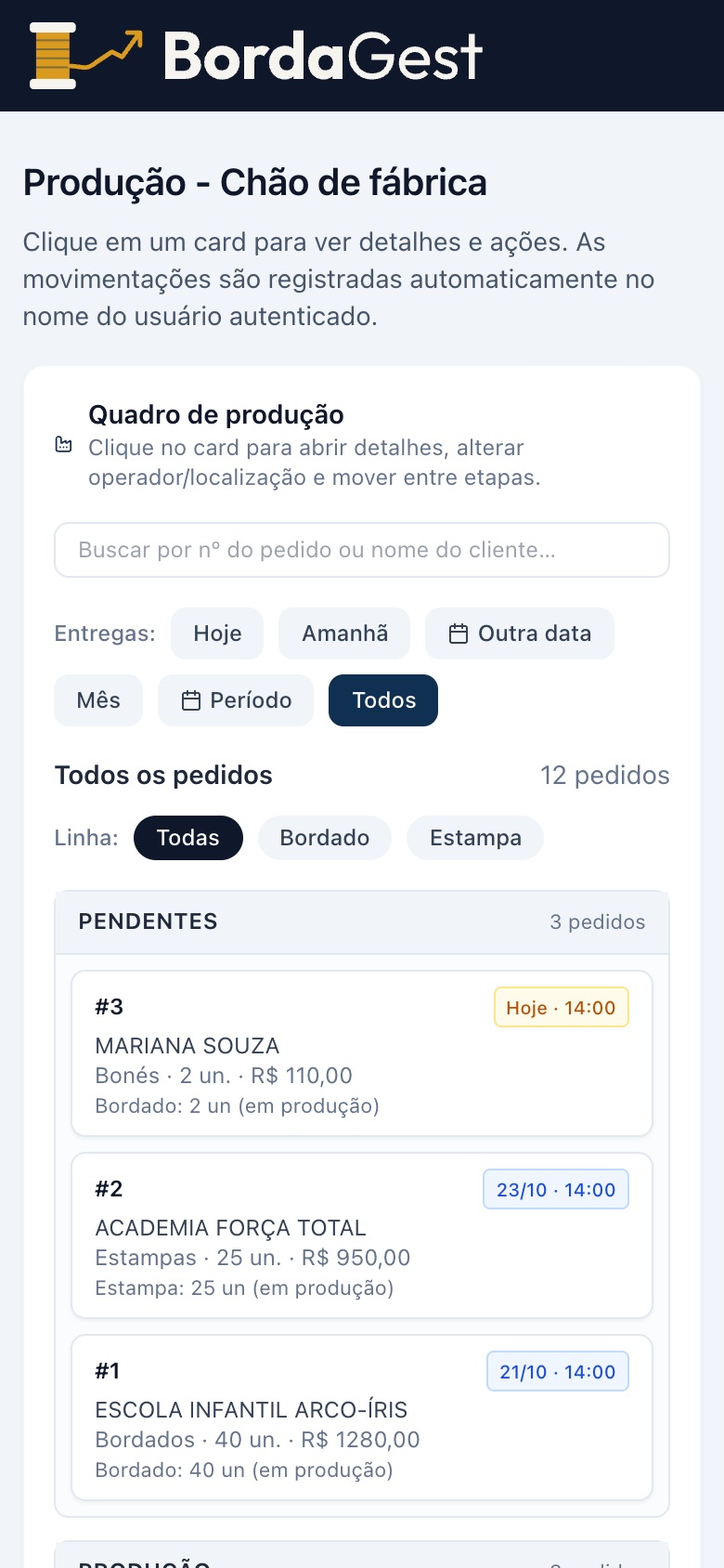 Quadro de produção no celular